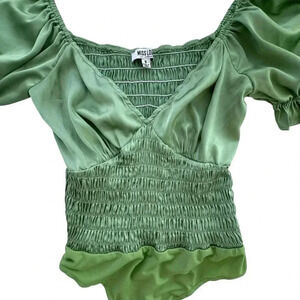 Miss Lola- Sage Green Satin Fairy Boho Ballet Ruffle Bodysuit, Size Small